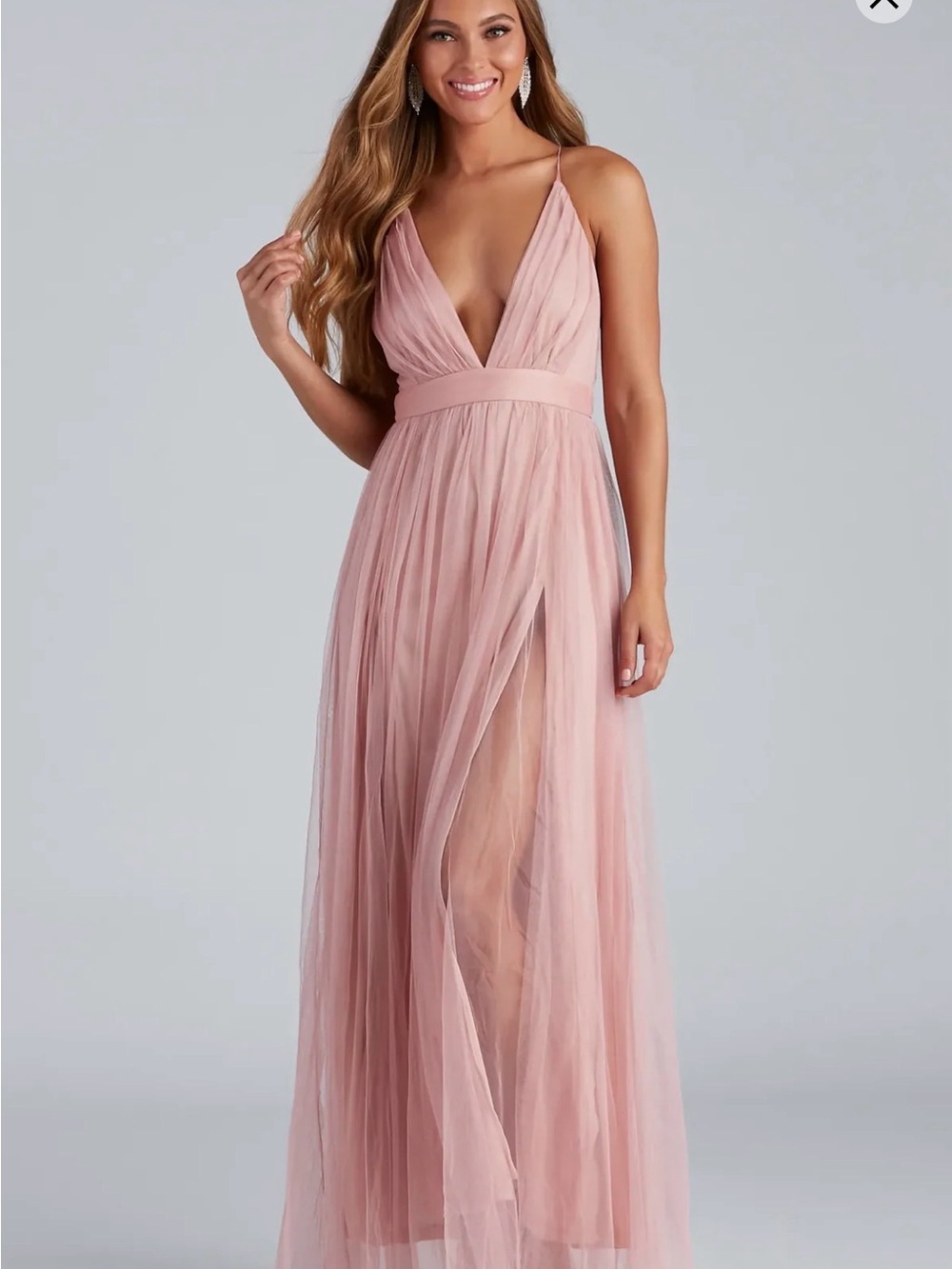 Romantic Pink Plunge V-Neck Tulle Maxi Dress